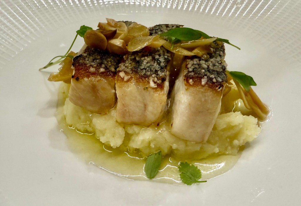 Corvina with “bilbaína” sauce, mashed potatoes and lemon